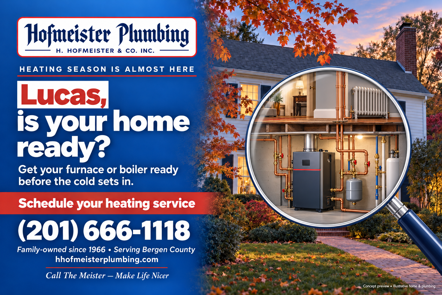 Hofmeister Plumbing heating postcard with a personalized Lucas greeting, an autumn home, a magnified heating-system illustration, and a heating service scheduling call to action