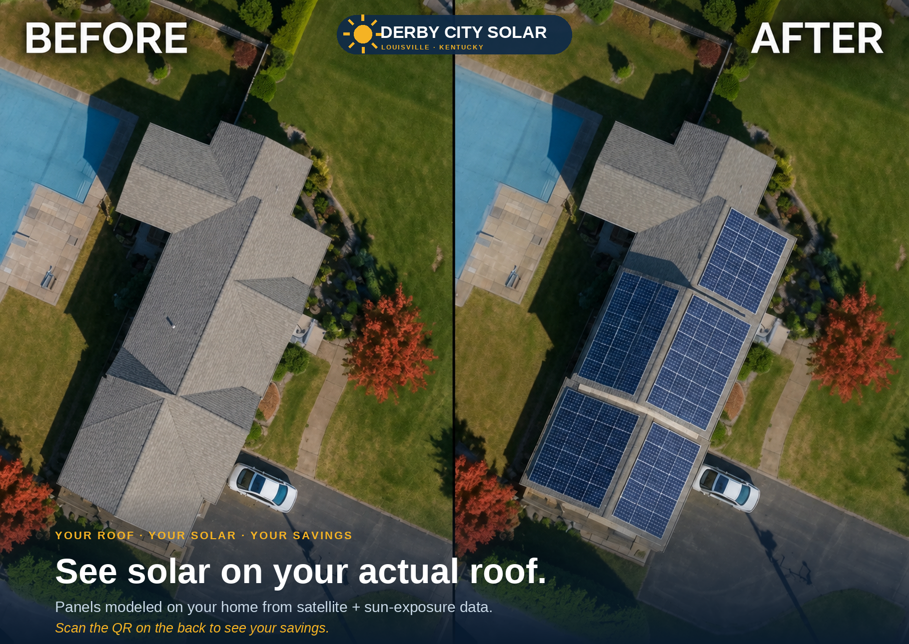 Derby City Solar mailer: A side-by-side roof visualization introduces the idea of solar on the homeowner’s property.