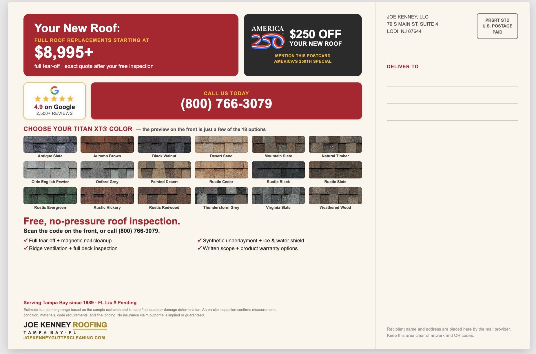 Joe Kenney Roofing postcard back with a roof replacement offer, Titan XT shingle colors, and free inspection details