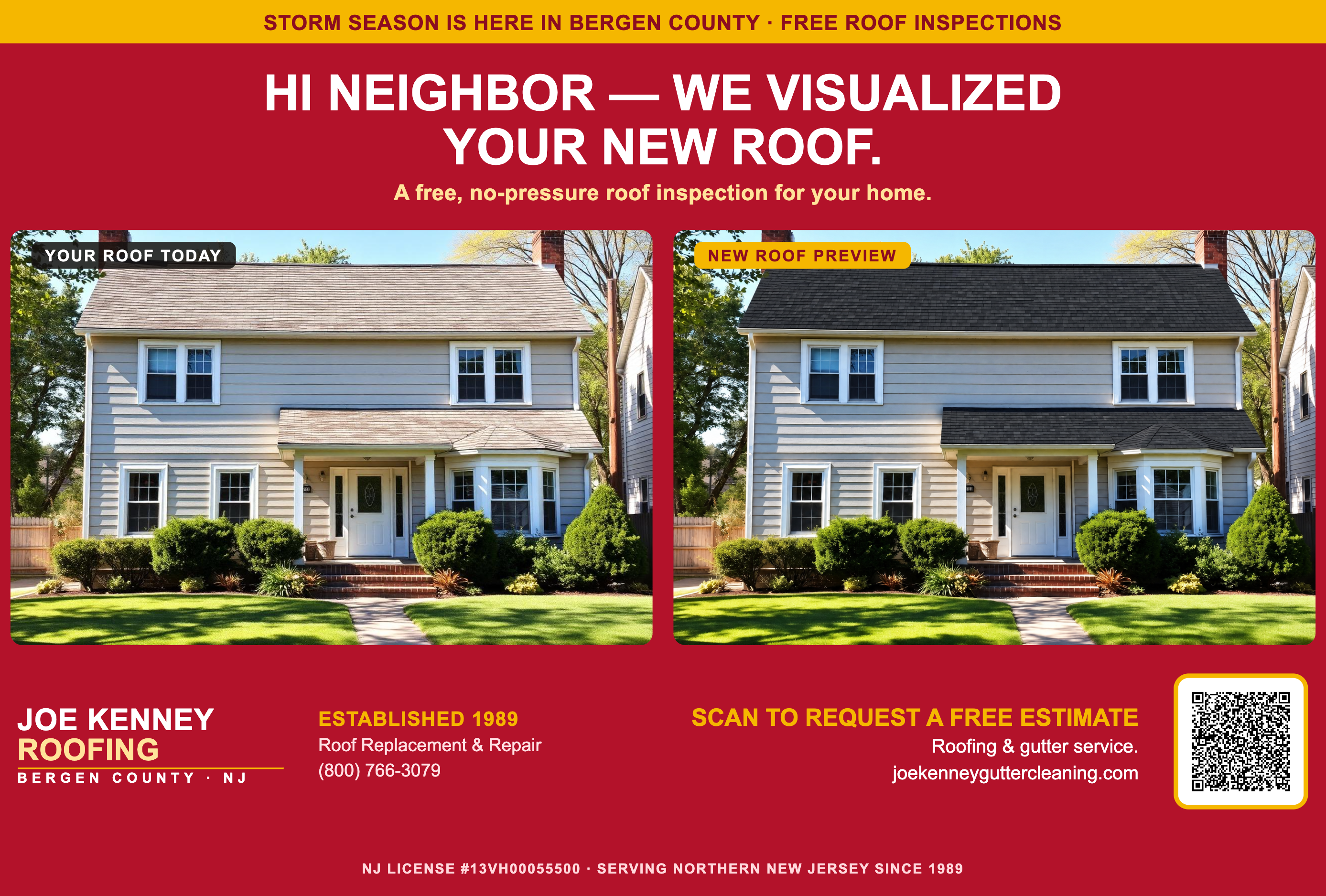 Joe Kenney Roofing mailer: A roof preview on the front, with a roofing offer, shingle color options, and inspection details on the reverse.