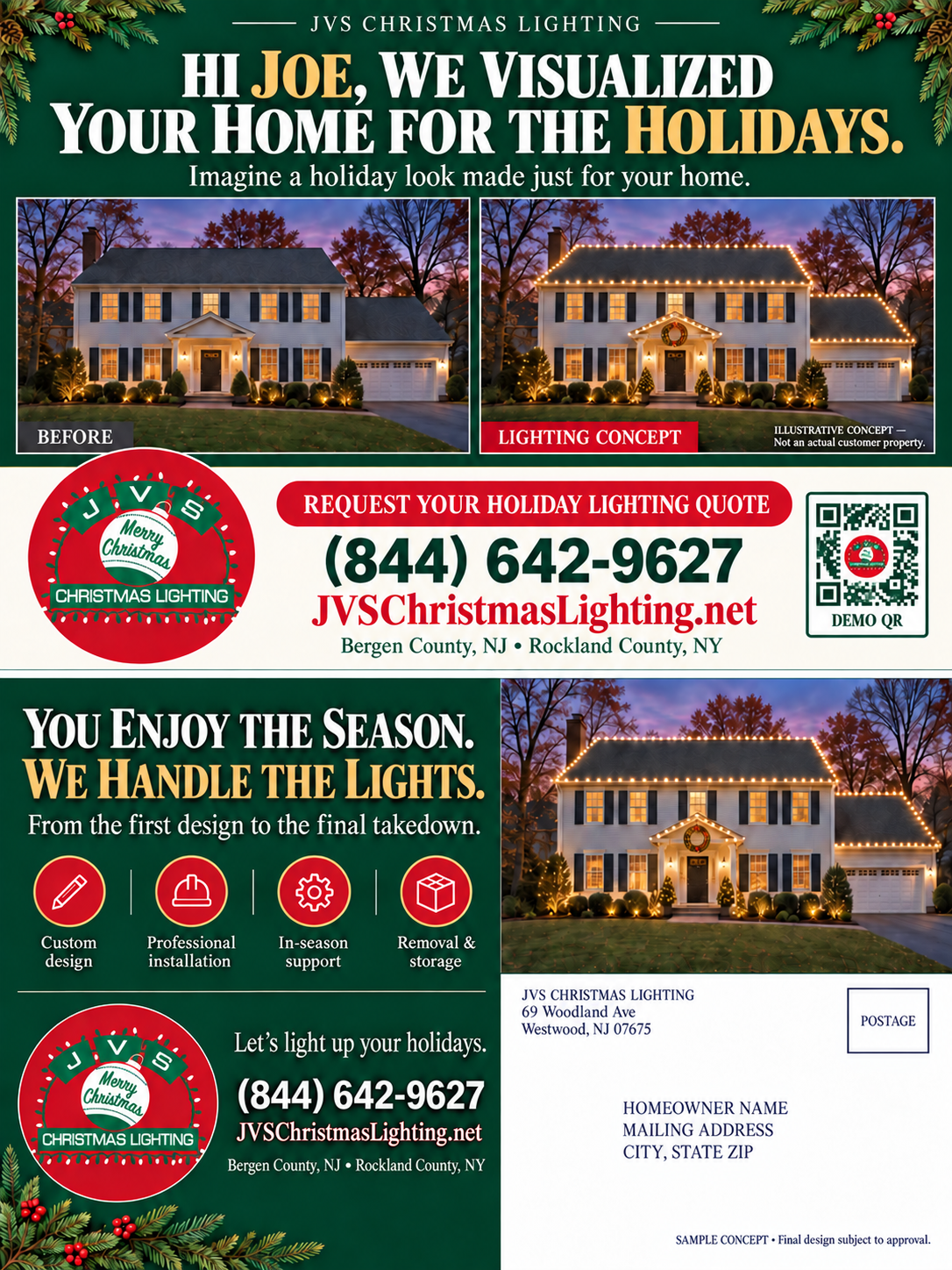 JVS Christmas Lighting mailer: A holiday-ready home preview pairs a lighting concept with a consultation call to action.