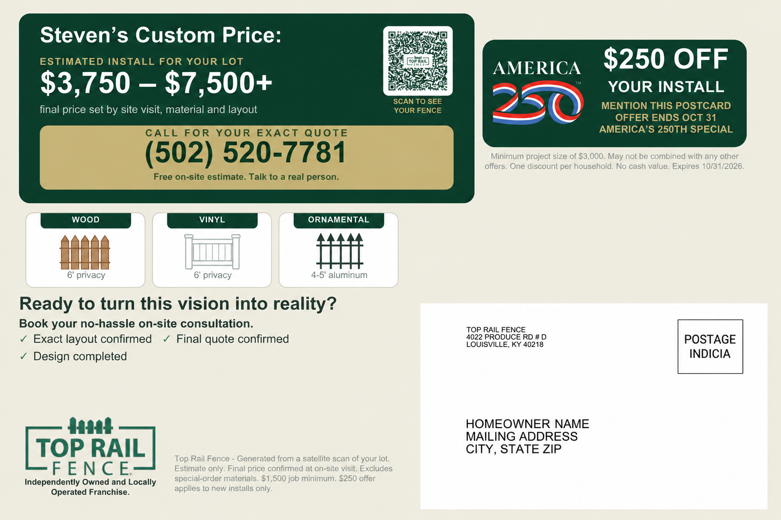 Top Rail Fence postcard back with estimated installation pricing, wood, vinyl, and ornamental fence options, and a consultation offer