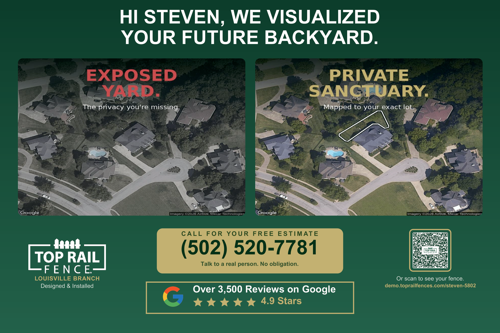 Top Rail Fence mailer: A before-and-after yard preview makes the proposed fence easy to picture.